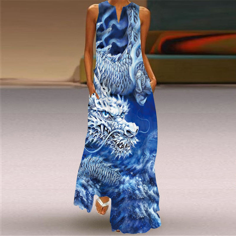 Women's Retro Print V-neck Multicolor Sexy Sleeveless  Maxi Dress