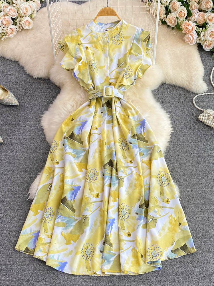 Women Summer Stand Collar Print Elegant High Waist Fashion Party  Maxi Dress