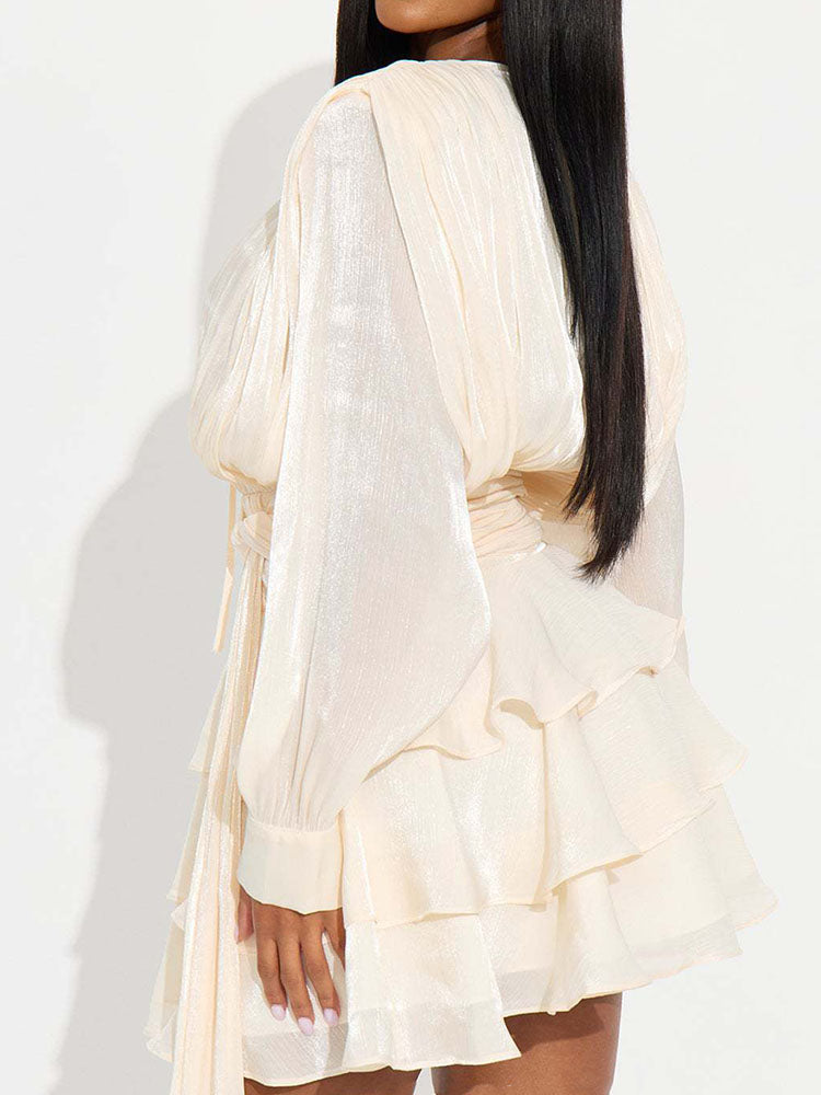 ✨ High Waist Draped A-Line Mini Dress | Elegant Long Sleeve Lace-Up Party Look