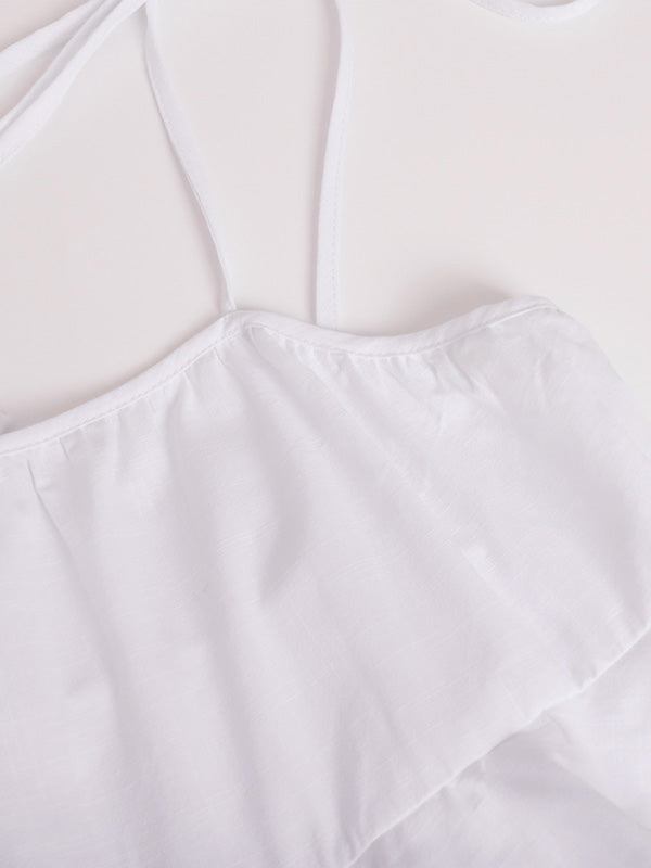 Solid Color Pleated Layered Backless Sleeveless Loose Spaghetti-Neck Mini Dresses