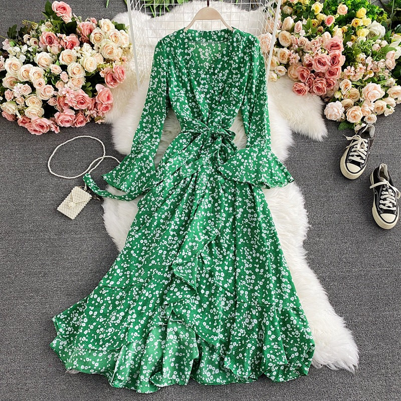 Casual V Neck Long Sleeve Vintage Elegant Oversized Hem Floral Ruffle Party Maxi Dress
