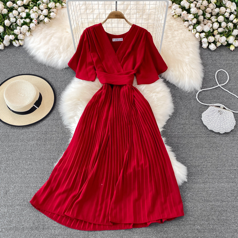 Women's Fashion Elegant Pleated Summer V Neck Vintage A-Line High Waist  Maxi Dress