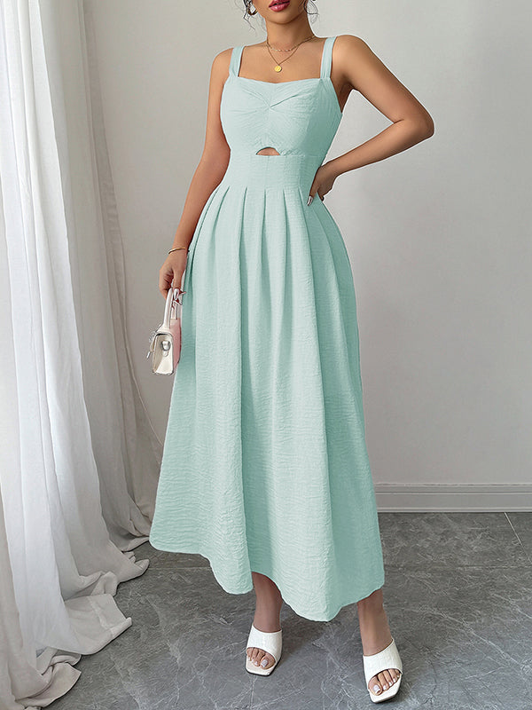Backless Hollow Pleated Solid Color Zipper A-line High Waisted Spaghetti-Neck Midi Dresses