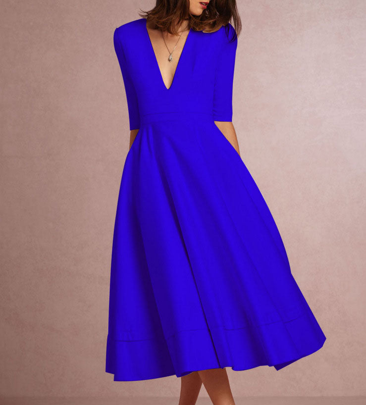 Deep V Neck Party Half Sleeves Sexy Solid Elegant Office Vintage A-Line Dress