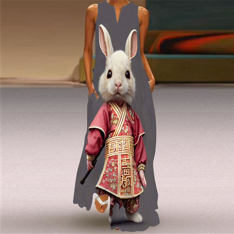 Fashion Sleeveless V Neck Casual Elegant Flower Print Vintage Maxi Dress