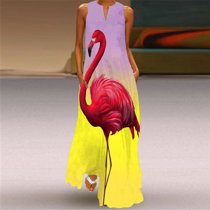 Fashion Sleeveless V Neck Casual Elegant Flower Print Vintage Maxi Dress