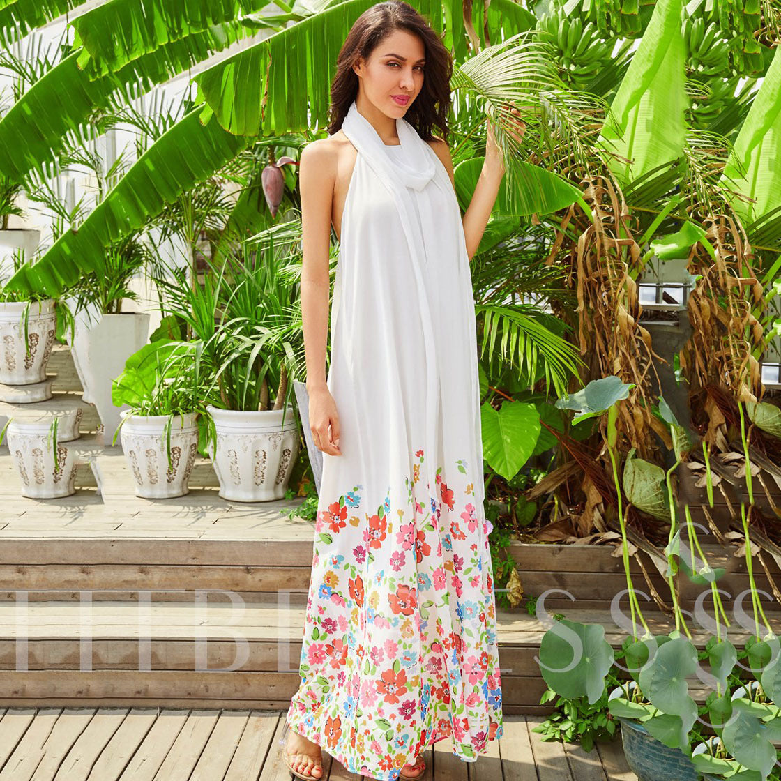 Women's Printed Sleeveless Halter Neck Sexy Big Swing Ruffle  Maxi Dress