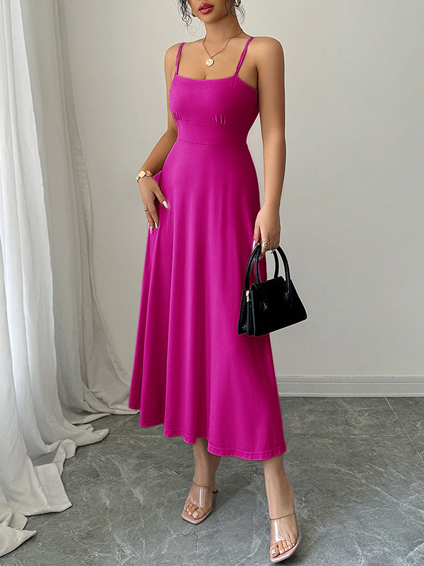 Backless Pleated Solid Color A-Line High Waisted Spaghetti-Neck Midi Dresses