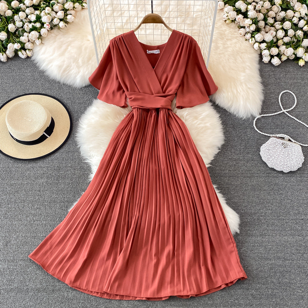 Women's Fashion Elegant Pleated Summer V Neck Vintage A-Line High Waist  Maxi Dress