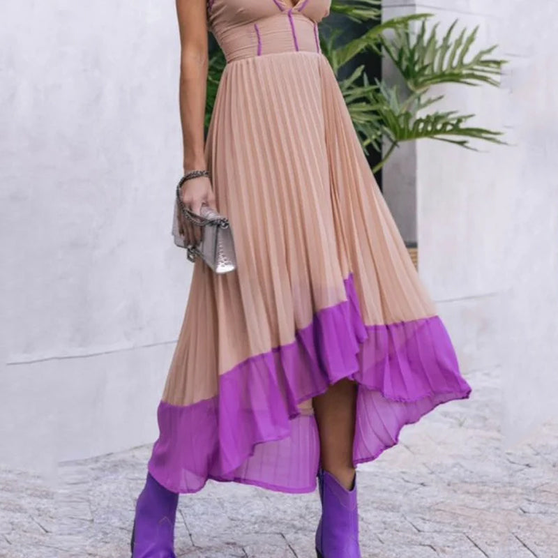 Women's Summer Fashion V Neck Slim Sleeveless Halter Pleated Irregular Maxi Dress