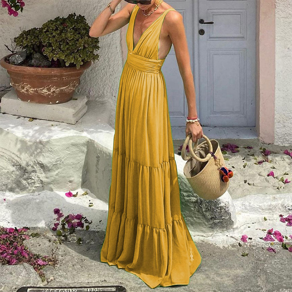 Summer Solid Color Fashion Temperament Sexy V Neck Sleeveless Backless Party Maxi Dress