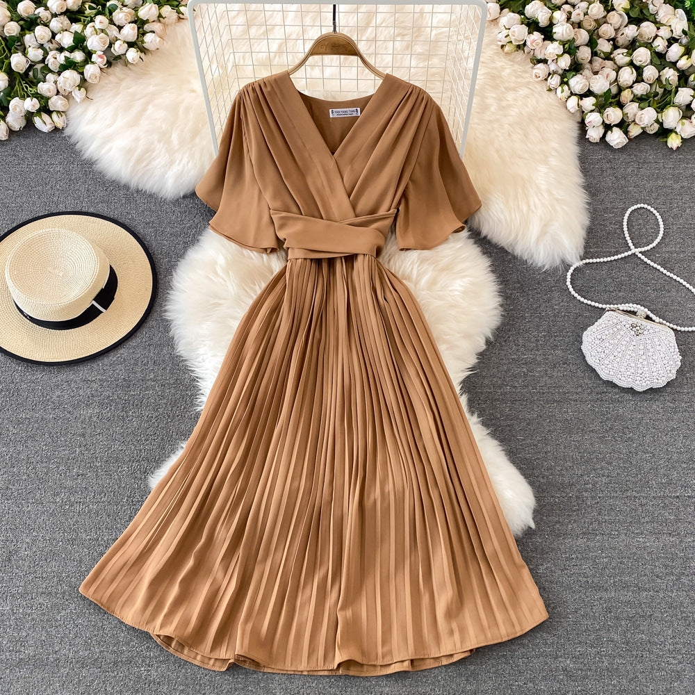 Women's Fashion Elegant Pleated Summer V Neck Vintage A-Line High Waist  Maxi Dress