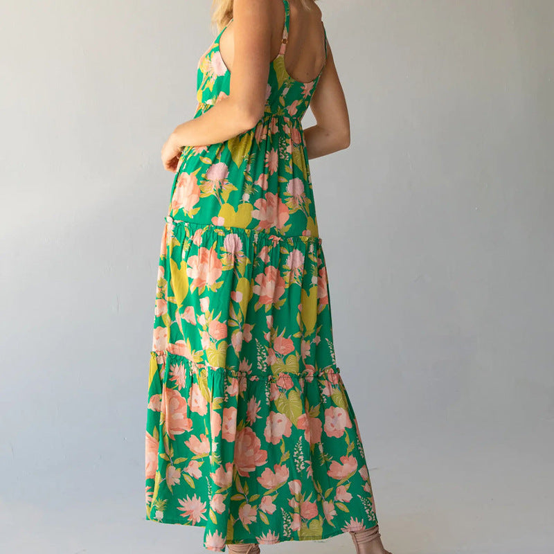 Summer Square Neck High Waist Stitching Pleated Print Loose Casual A-Line  Maxi Dress