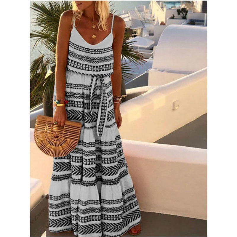 Women's Bohemian Style Fashion V Neck Printed Beach Sling Maxi Dress