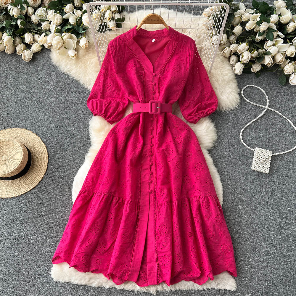 Women's Elegant V Neck Button Ruffle Puff Sleeve Fashion Maxi Dress