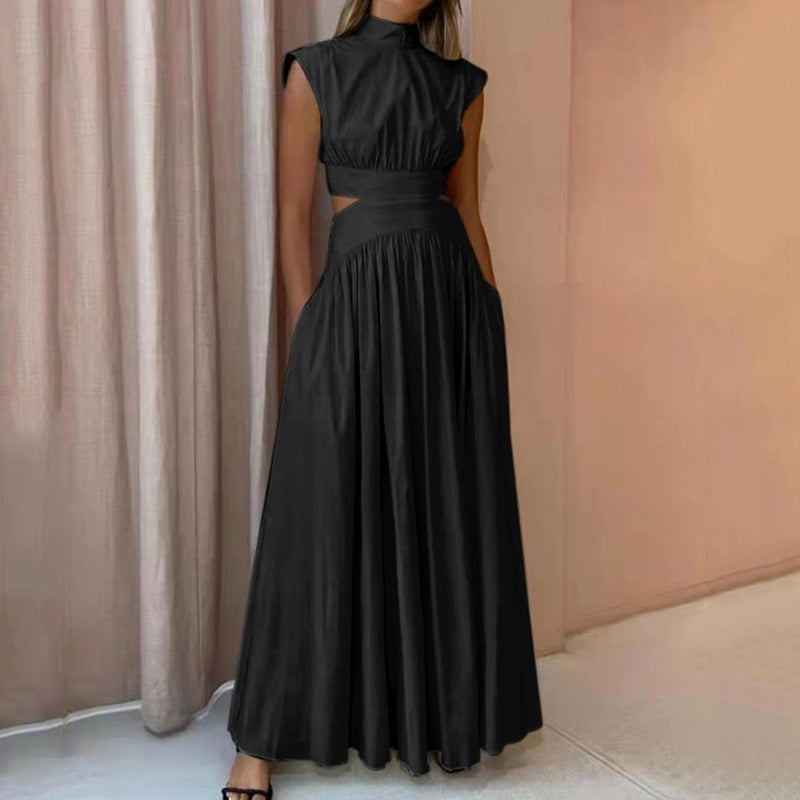Fashion High Neck Solid Color Casual Sleeveless Hollow Out Office Elegant Pleated Party  Maxi Dress