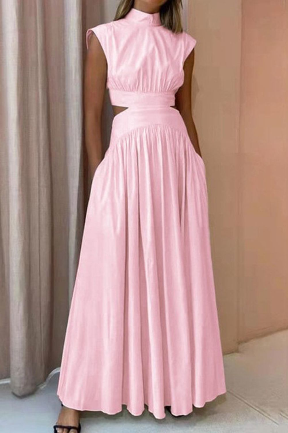 Fashion High Neck Solid Color Casual Sleeveless Hollow Out Office Elegant Pleated Party  Maxi Dress