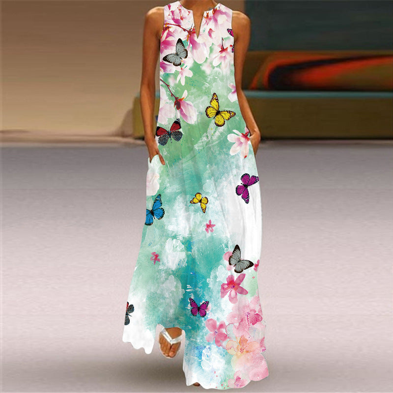 Vintage Print V Neck Sleeveless Sexy Casual Maxi Dress