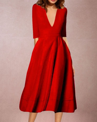 Deep V Neck Party Half Sleeves Sexy Solid Elegant Office Vintage A-Line Dress