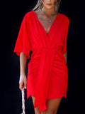 Pleated Solid Color Split-Joint Batwing Sleeves Skinny V-Neck Mini Dresses