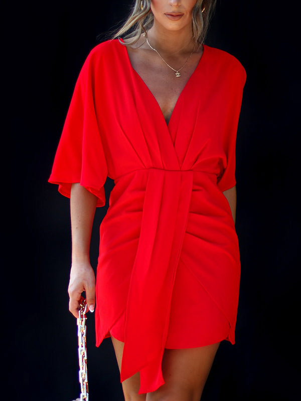 Pleated Solid Color Split-Joint Batwing Sleeves Skinny V-Neck Mini Dresses