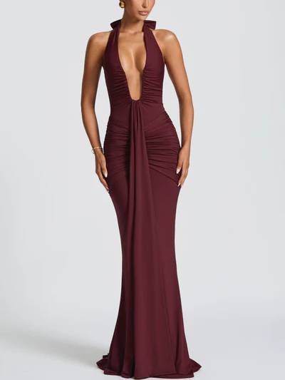Halter Deep V-neck Pleated Maxi Dress