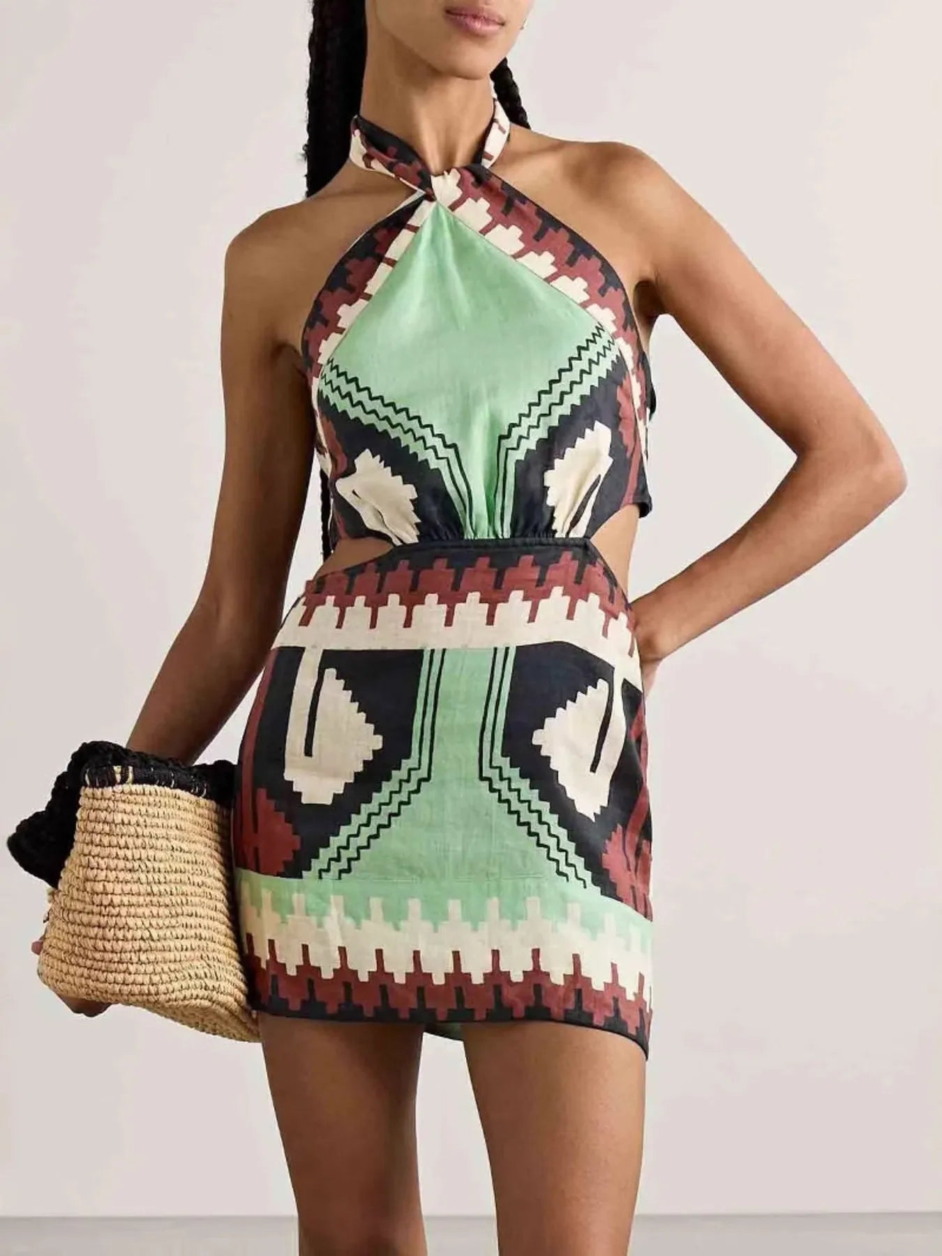 Geometric Print Halter Neck Mini Dress