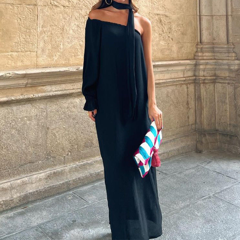Women's Fashionable Pure Color Slanted Shoulder Sleeve Maxi Dresses