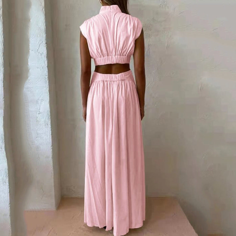 Fashion High Neck Solid Color Casual Sleeveless Hollow Out Office Elegant Pleated Party  Maxi Dress