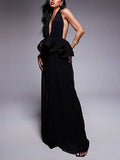 Deep V-Neck Halter Neck Backless High Waist Line Ruffled Maxi Dress