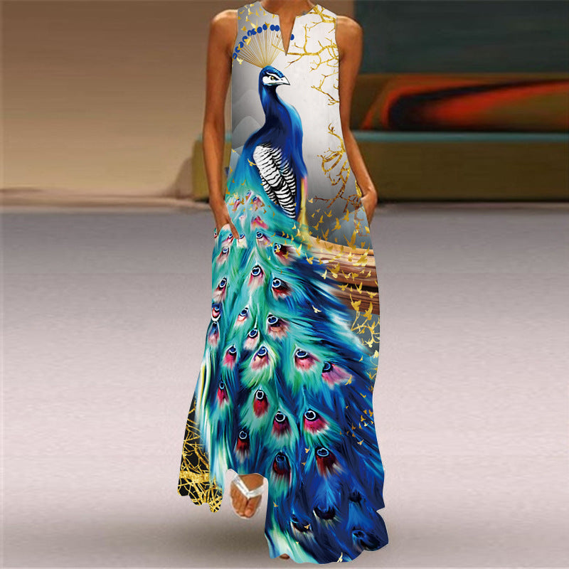 Women's Retro Print V-neck Multicolor Sexy Sleeveless  Maxi Dress