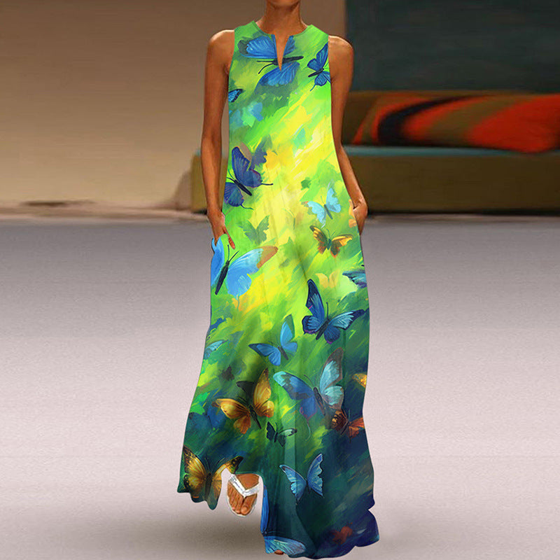 Summer Women Fashion Elegant Sleeveless V Neck Print Sexy Maxi Dress