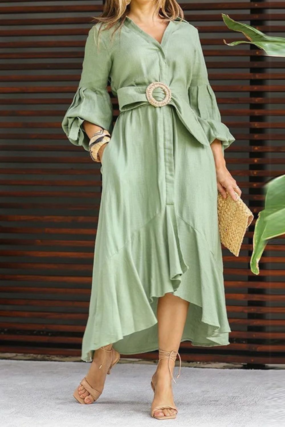Women's Vintage Lapel Lantern Sleeve Lace-Up Blouse Elegant Chic Maxi Dress