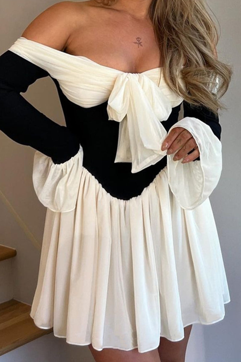 Sexy Backless Contrast Off Shoulder Waist Skirt Dresses