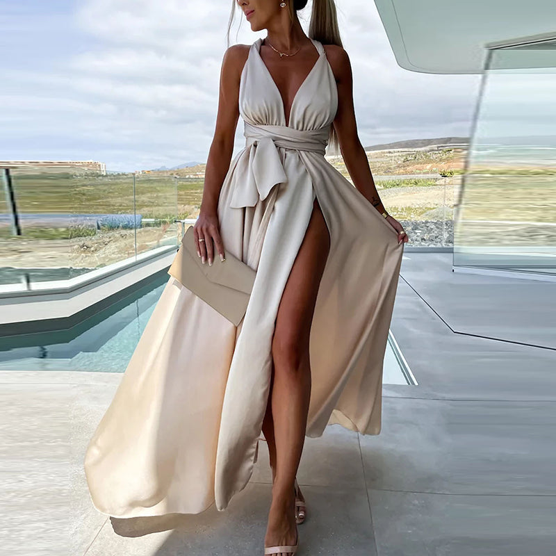 Summer Sexy Lace Up Elegant Strapless Slit Fashion Solid Color Party Maxi Dress