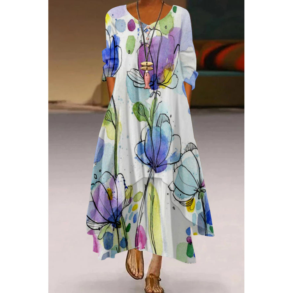 Women's Printed 3D Hem Irregular Sexy Bohemian  Maxi Dress