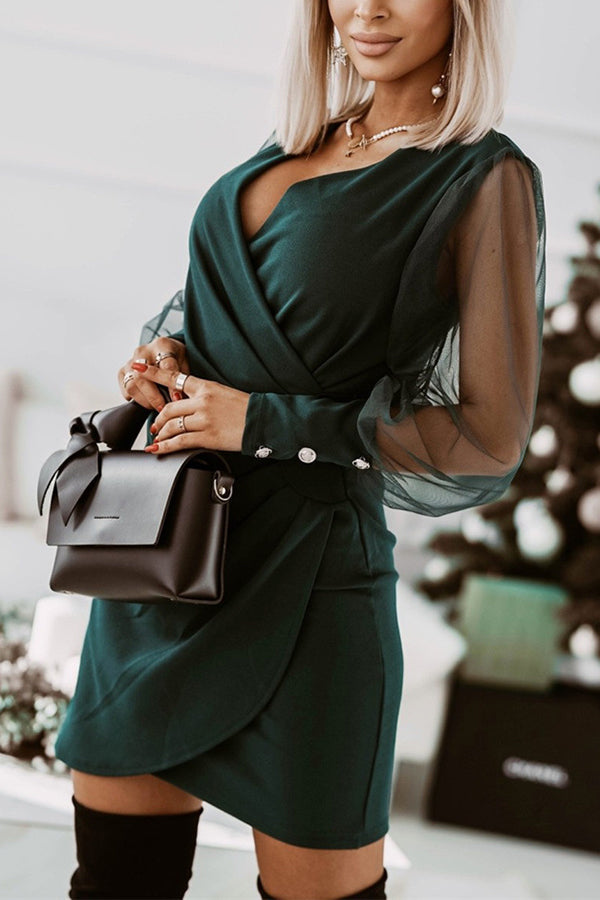 Contrast Mesh Sleeve Wrap Dress