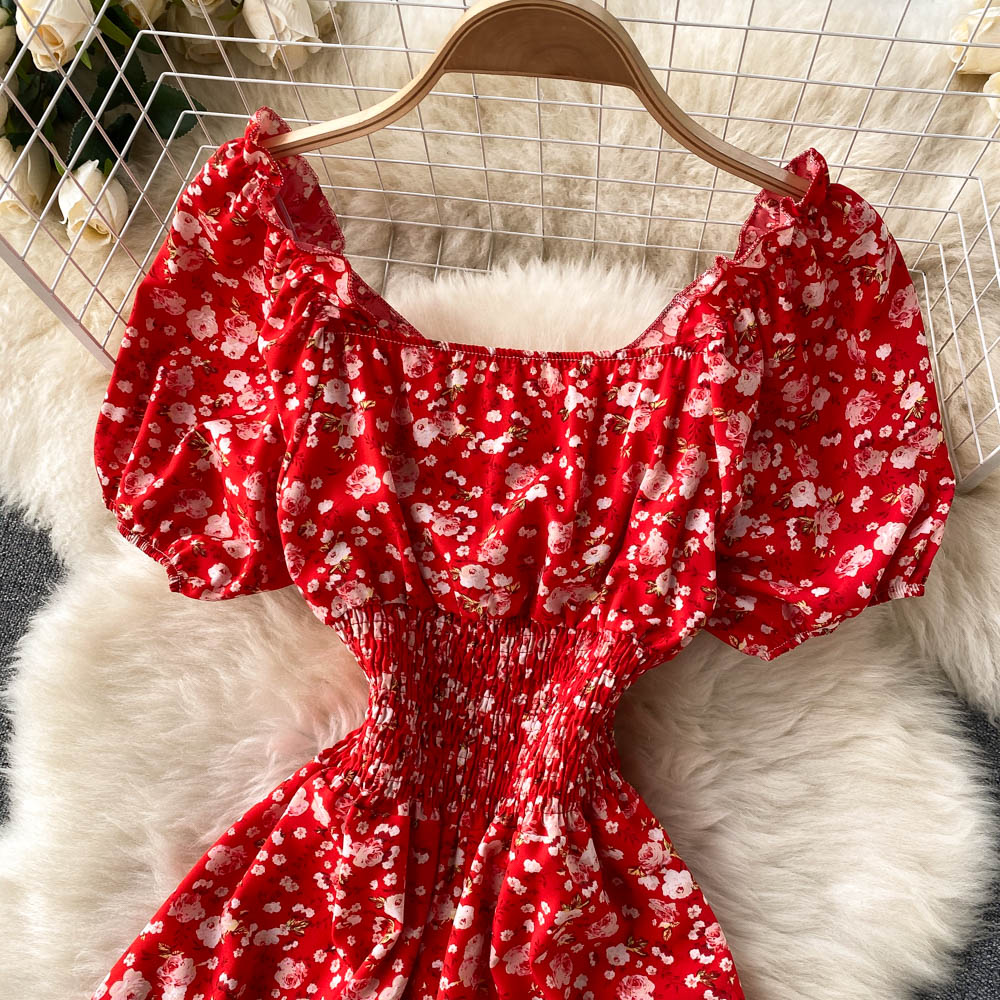 Women's Fashion V Neck Puff Sleeve Floral Print Casual Maxi Dress