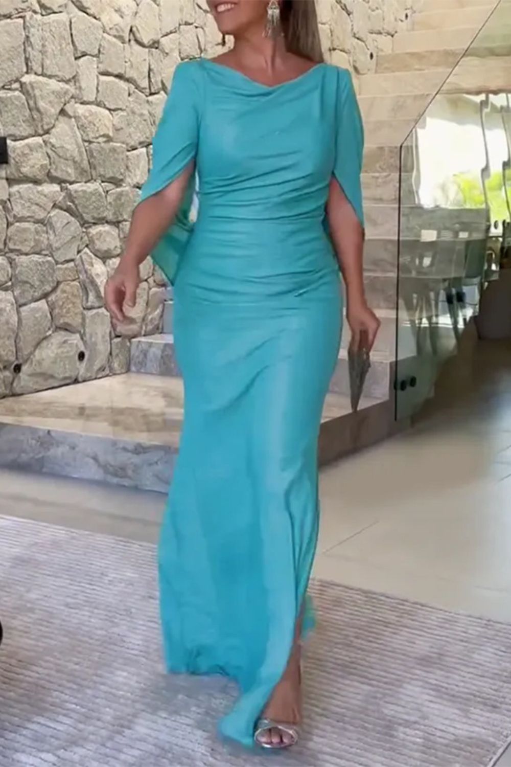 Fashion Wrapped Chest Ruffles Solid Color Temperament Casual Maxi Dress