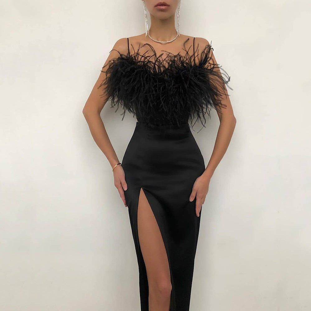 Trendy Strappy Feather Slits Slim Party Party Elegant Design  Maxi Dress