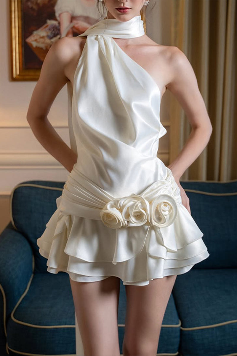 Sexy Backless Flounce Flower Shape Halter A Line Dresses