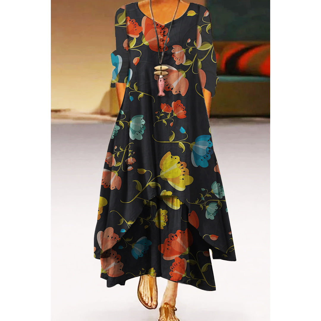 Women's Printed 3D Hem Irregular Sexy Bohemian  Maxi Dress