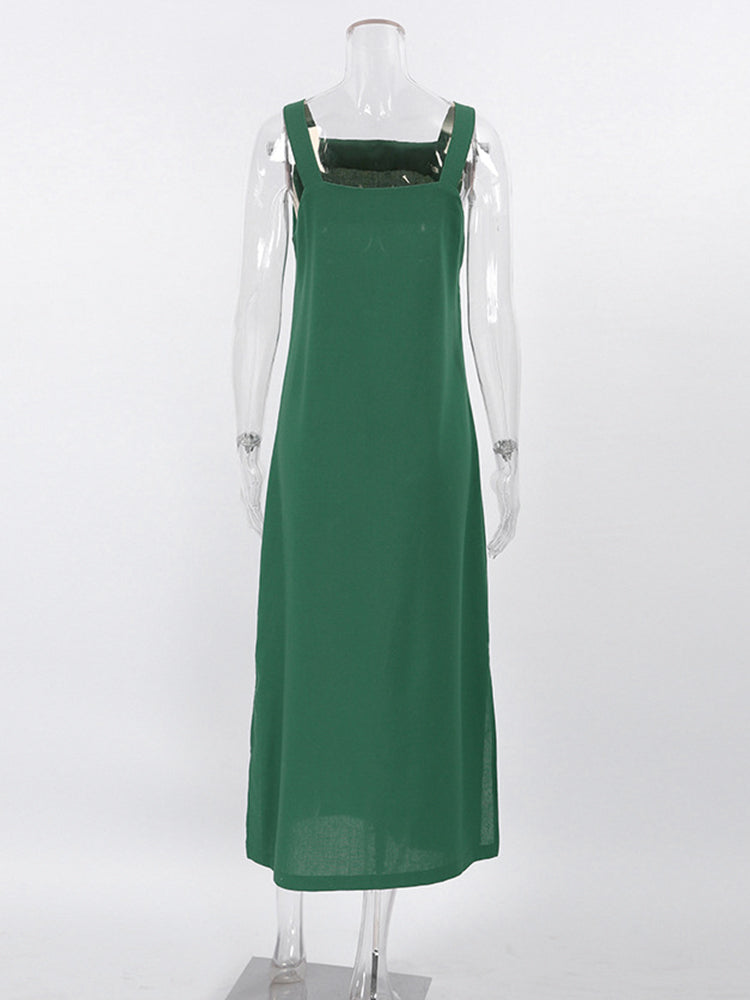 Summer Women Casual Solid Green Side Slit Spaghetti  Maxi Dress