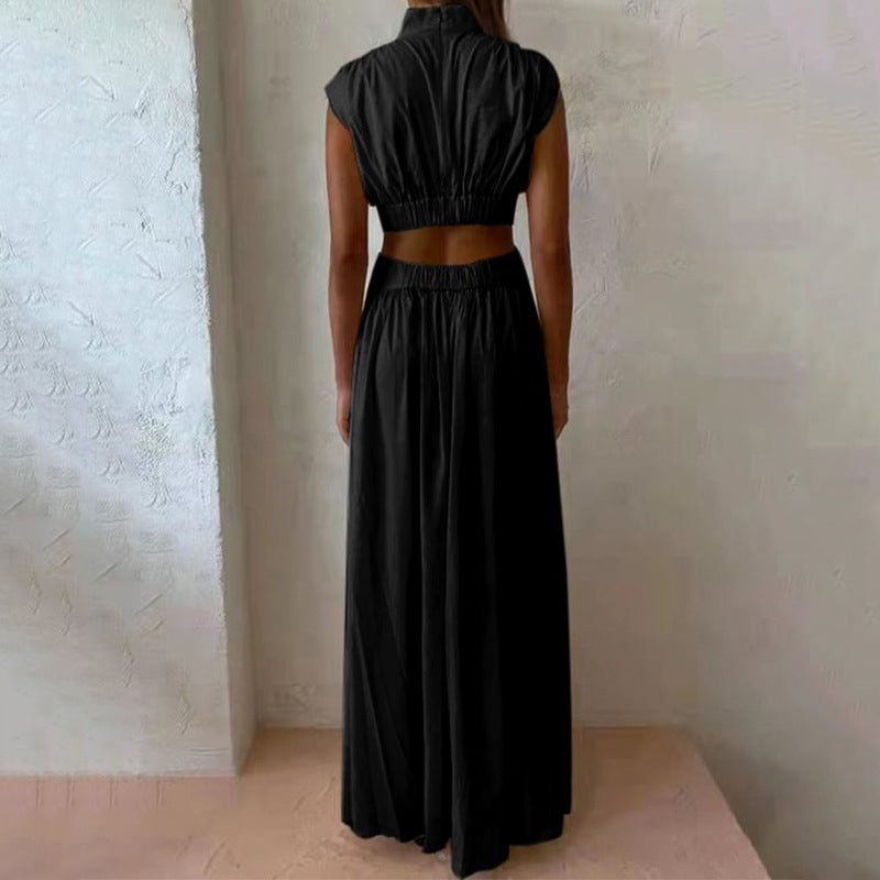 Fashion High Neck Solid Color Casual Sleeveless Hollow Out Office Elegant Pleated Party  Maxi Dress