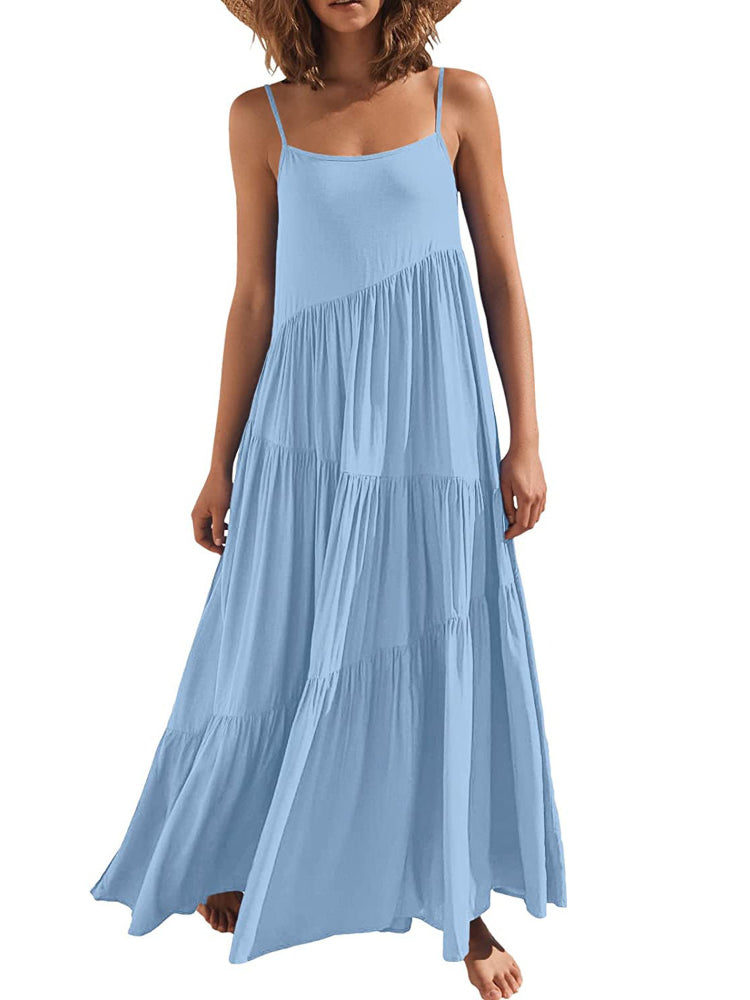 Summer Fashion Casual Solid Color Pleated Irregular Sling Maxi Dress