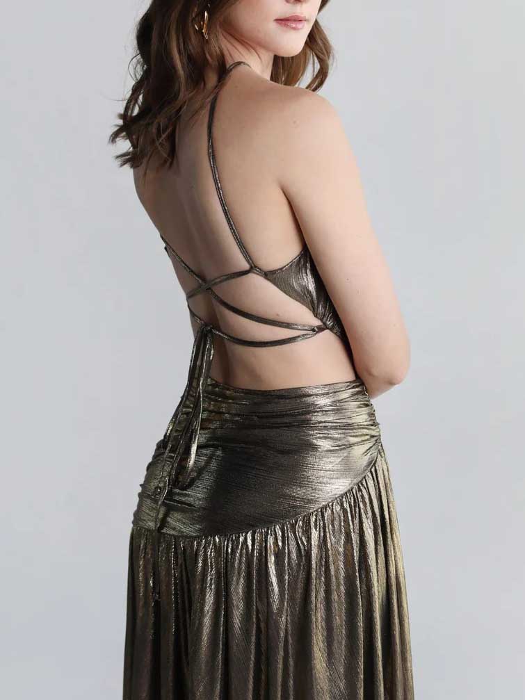 Elegant One-shoulder Glittering Gold High-slit Maxi Dress