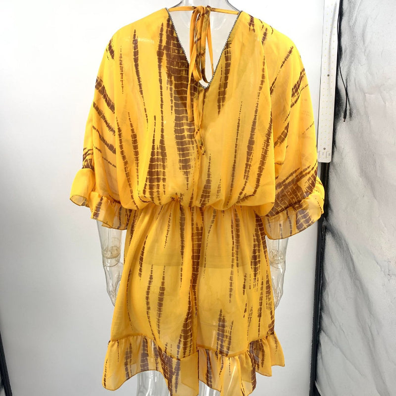 Women's Printed V-Neck Batwing Sleeve Chiffon Mini Dress