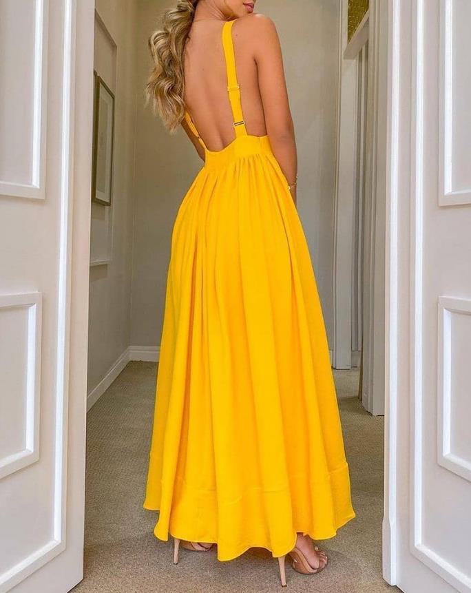Summer Fashion Solid Color Sexy Backless V Neck Sleeveless A-Line Maxi Dress