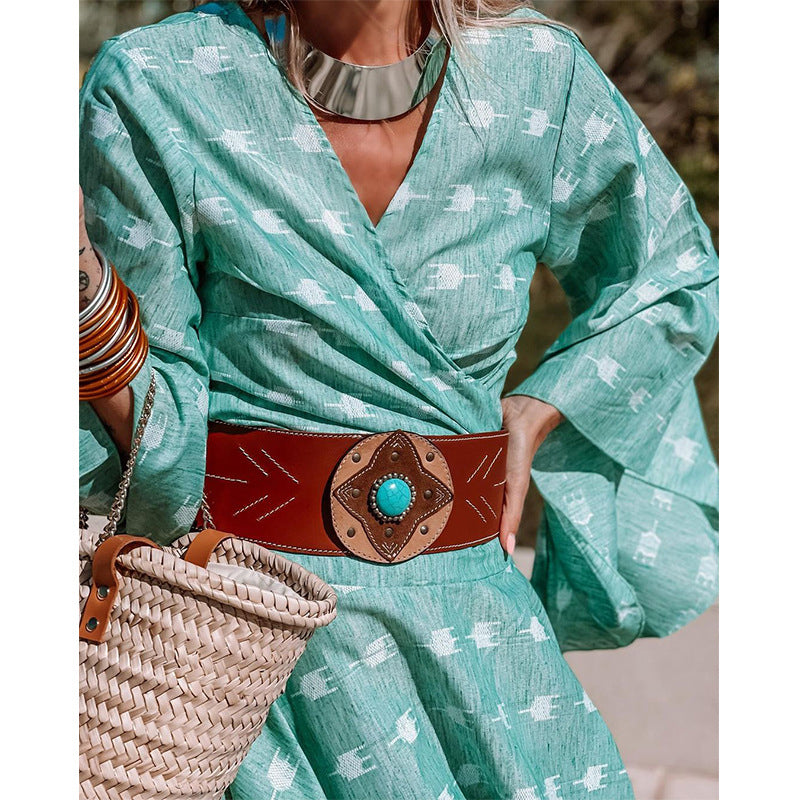 Chic V Neck Bell Sleeve Bohemian Casual Print Vintage Elegant Holiday Party  Maxi Dress