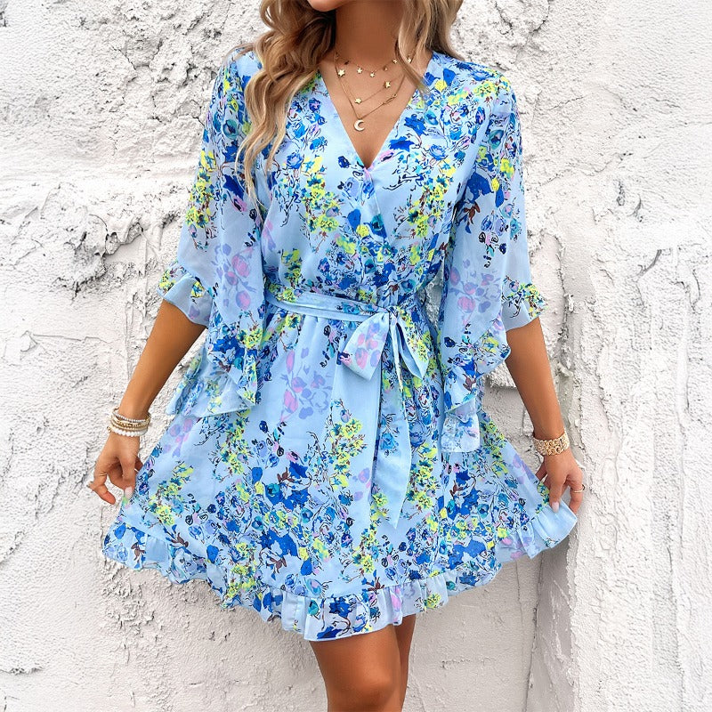 Women's 2025 Vacation Dress - Floral Print Chiffon Wrap Dress with Tie Waist, Casual Beach Sundress, Flowy Boho Maxi Dress